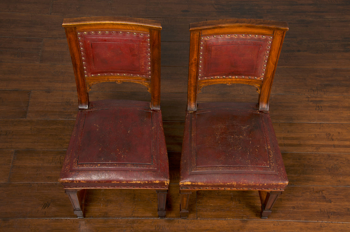 Antique French Renaissance Walnut Dining Chairs W/ Burgundy Leather - Set of 6