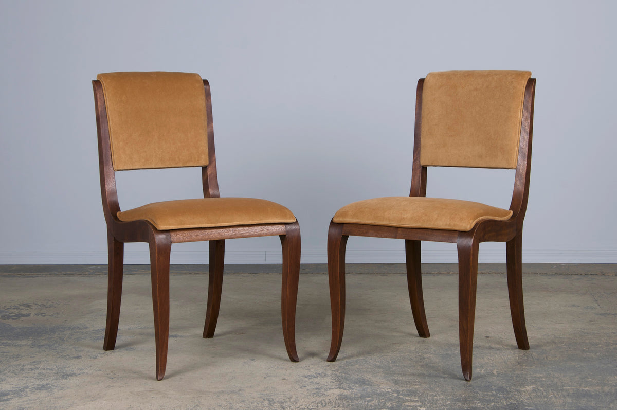 1930s French Art Deco Walnut Dining Chairs W/ Beige Velvet - Set of 6