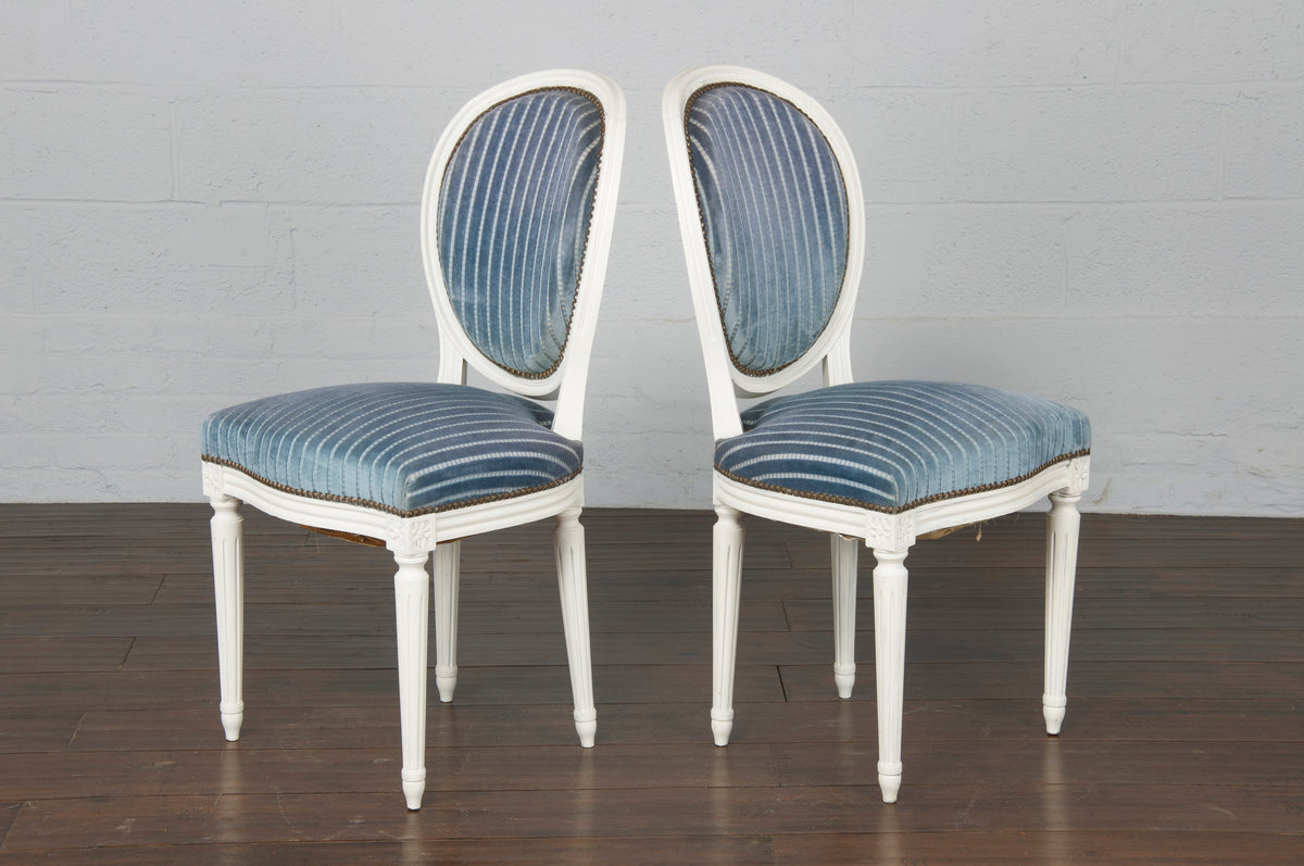 Antique French Louis XVI Style Provincial Painted W/ Striped Blue Velvet Mohair Dining Chairs - Set of 6