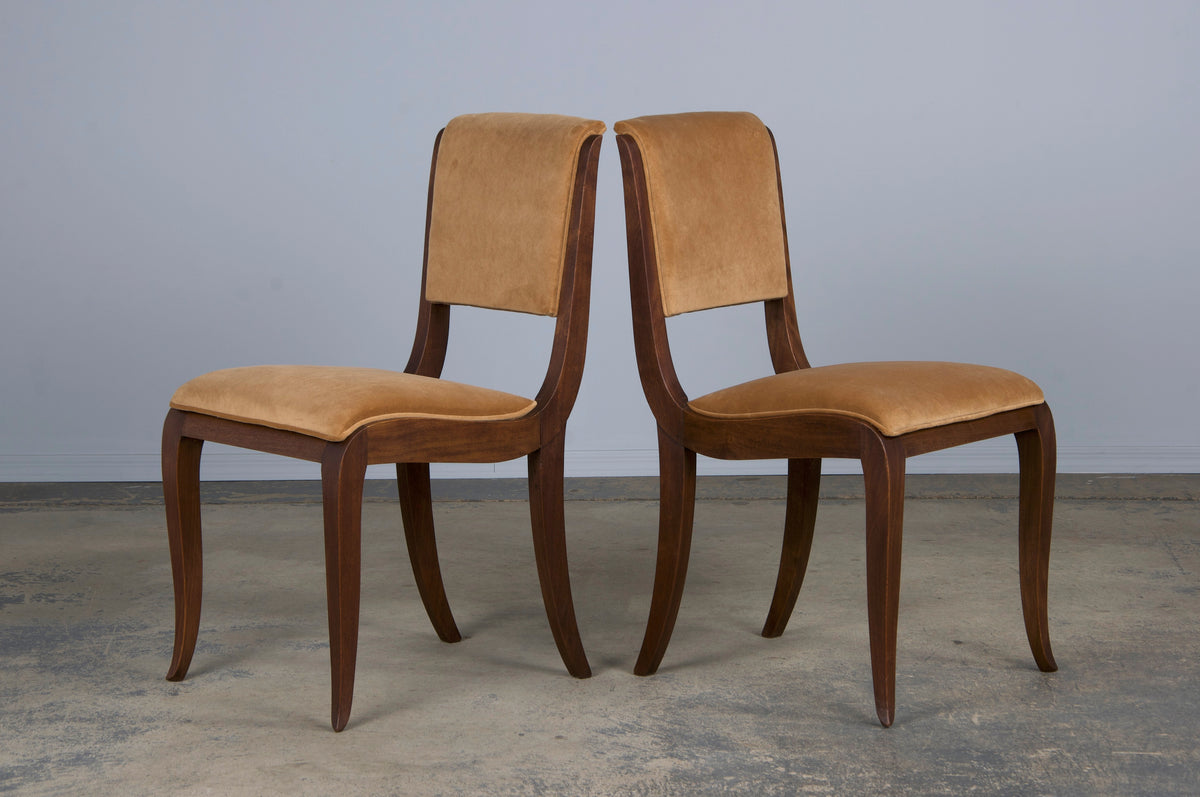 1930s French Art Deco Walnut Dining Chairs W/ Beige Velvet - Set of 6