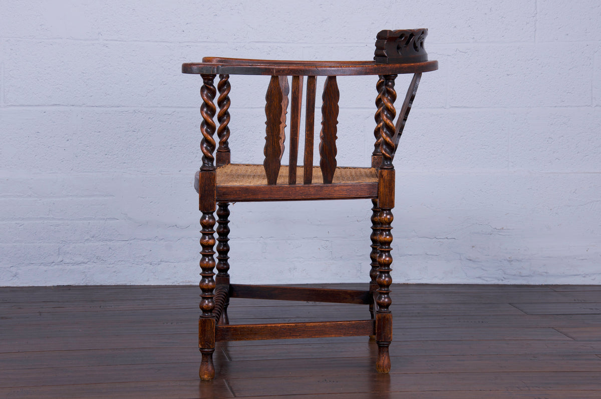 Antique French Louis XIII Barley Twist Oak Desk Chair W/ Cane Seat