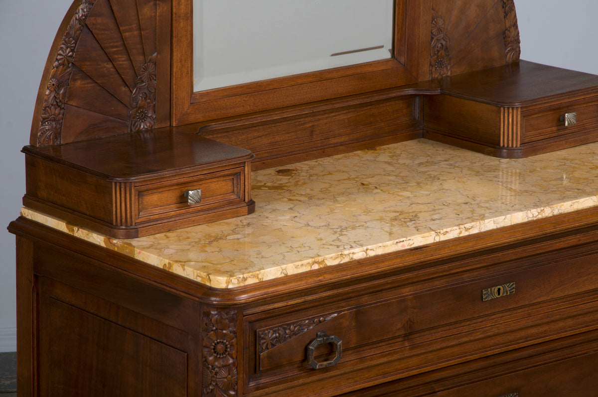 1930s French Art Deco Walnut Dresser W/ Marble Top and Mirror