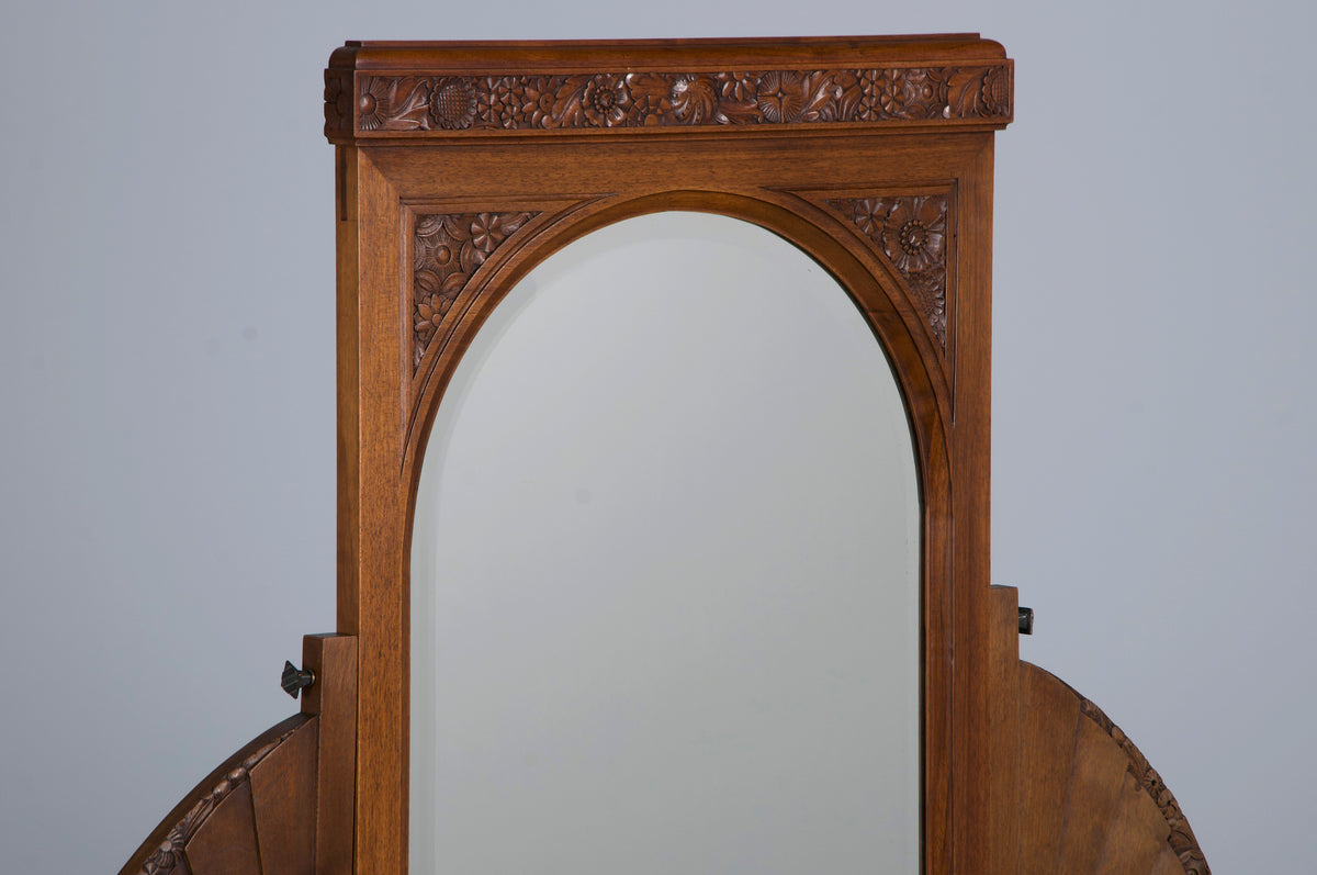 1930s French Art Deco Walnut Dresser W/ Marble Top and Mirror