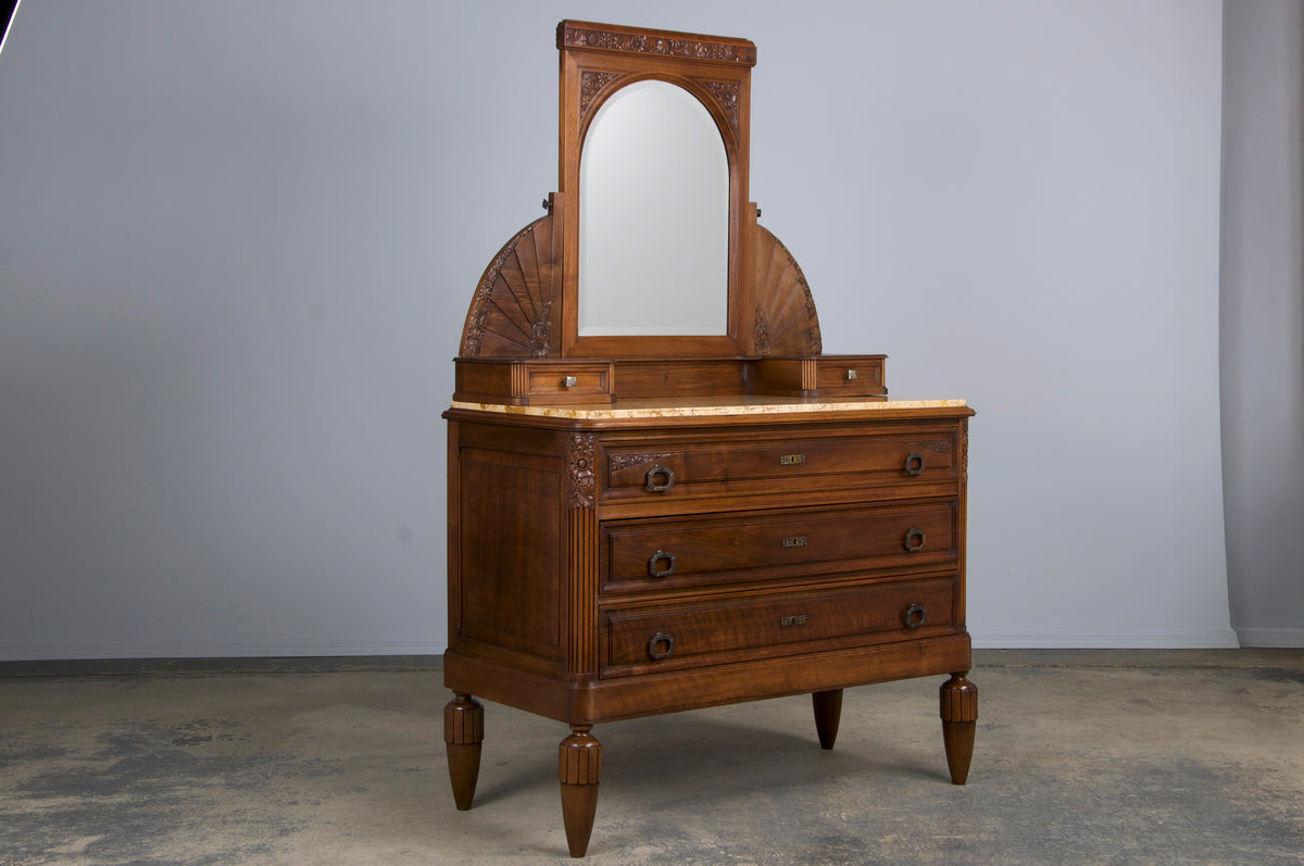 1930s French Art Deco Walnut Dresser W/ Marble Top and Mirror