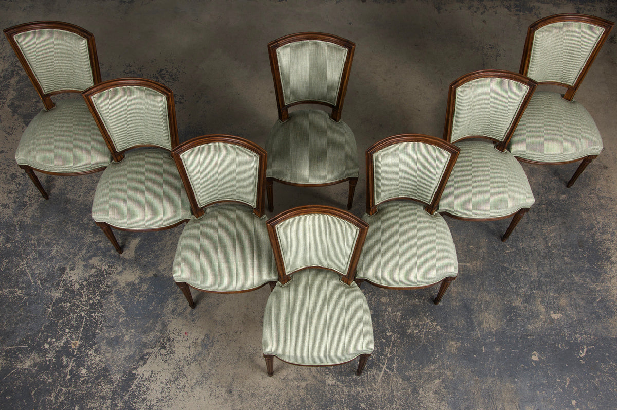 ON HOLD French Louis XVI Style Maple Dining Chairs W/ Striped Green Chenille - Set of 8