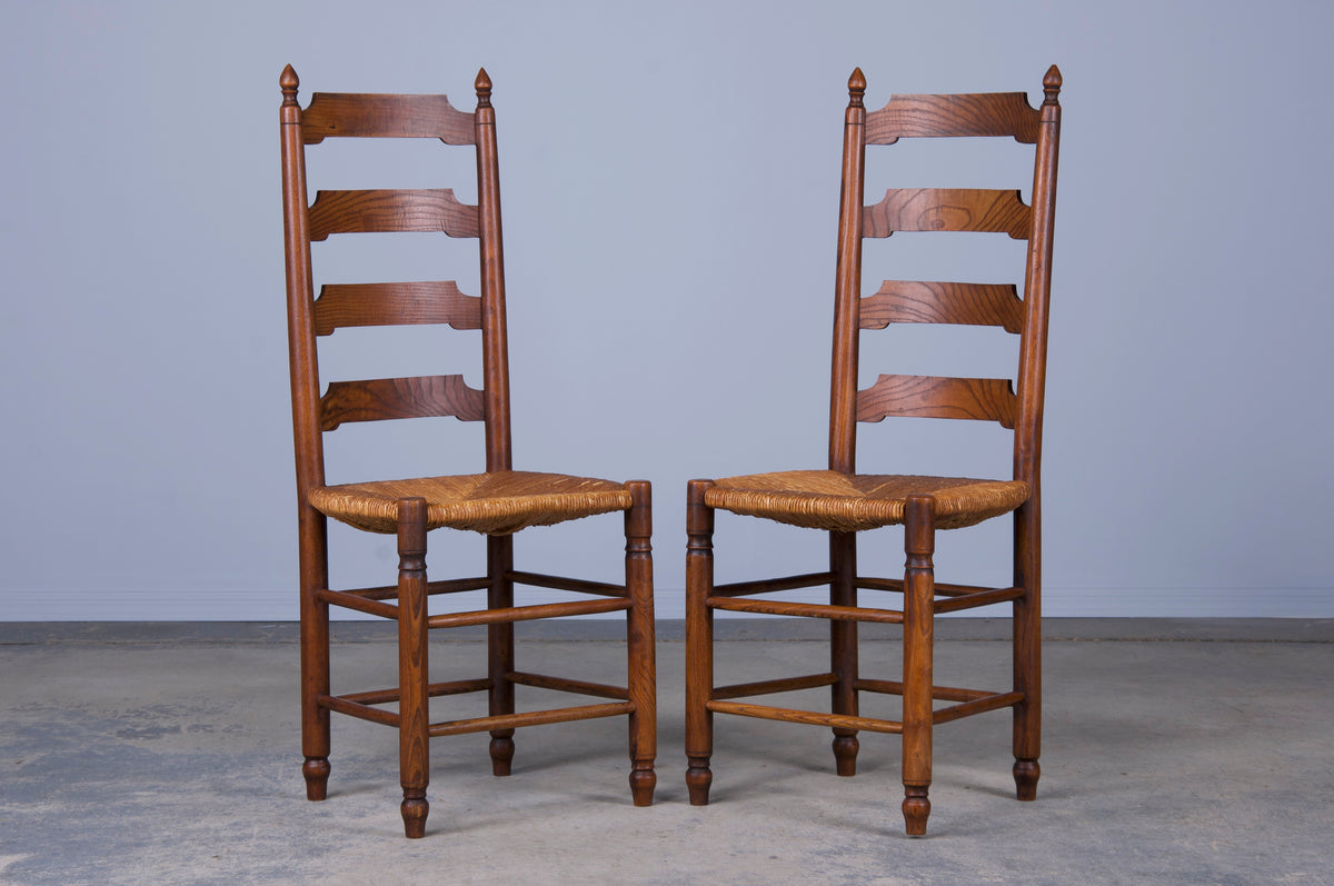 Country French Provincial Ladder Back Oak Dining Chairs W/ Rush Seats - Set of 6