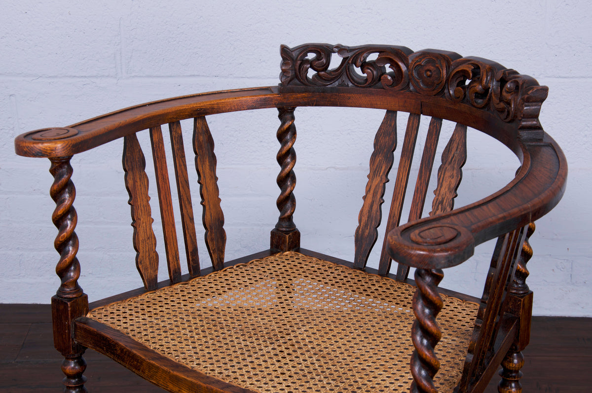 Antique French Louis XIII Barley Twist Oak Desk Chair W/ Cane Seat
