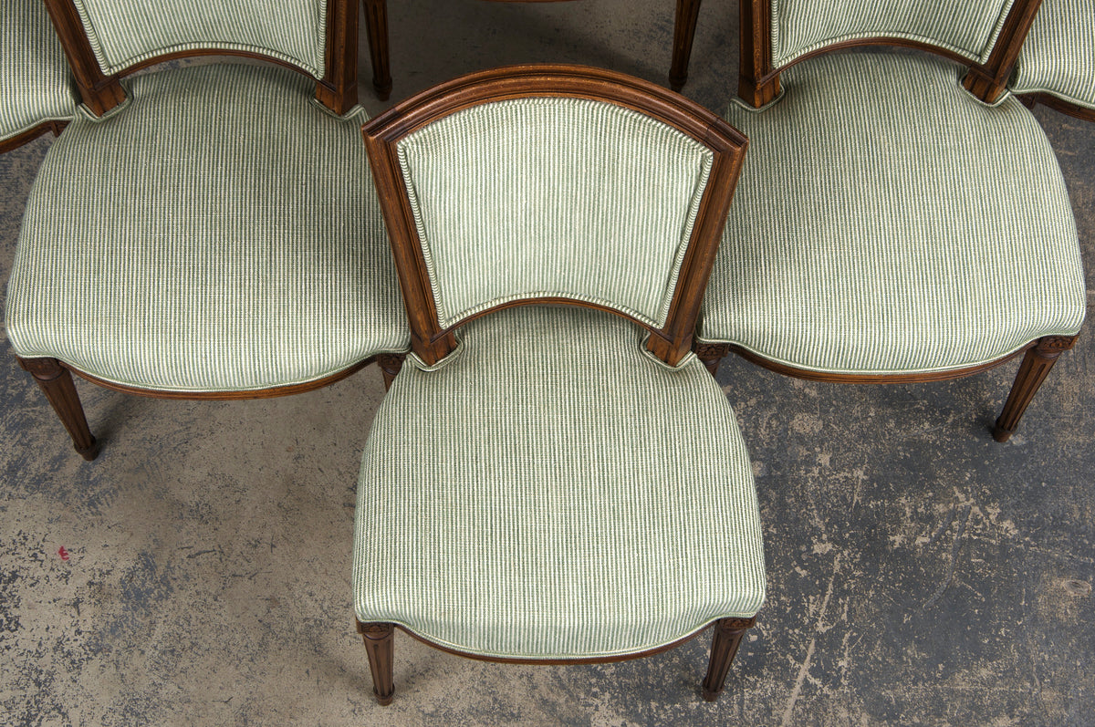 ON HOLD French Louis XVI Style Maple Dining Chairs W/ Striped Green Chenille - Set of 8