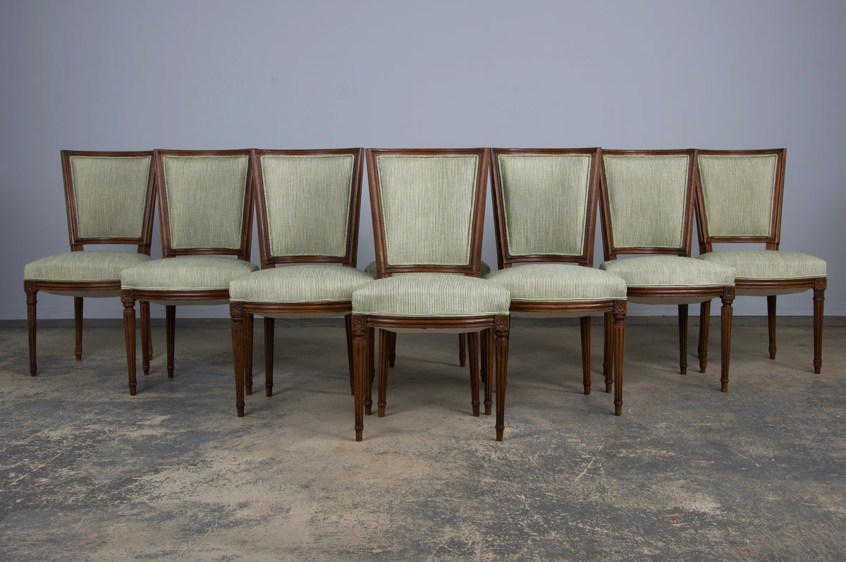 ON HOLD French Louis XVI Style Maple Dining Chairs W/ Striped Green Chenille - Set of 8