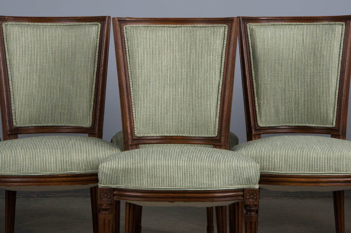 ON HOLD French Louis XVI Style Maple Dining Chairs W/ Striped Green Chenille - Set of 8