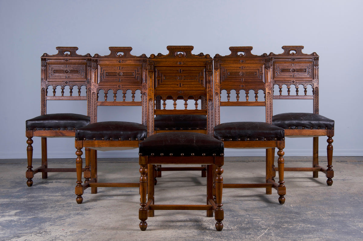 Antique French Henry II Style Renaissance Walnut Dining Chairs W/ Leather Seats - Set of 6