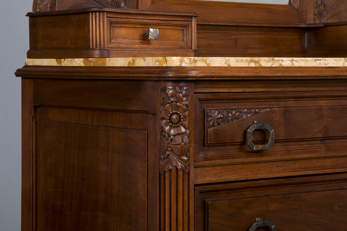 1930s French Art Deco Walnut Dresser W/ Marble Top and Mirror