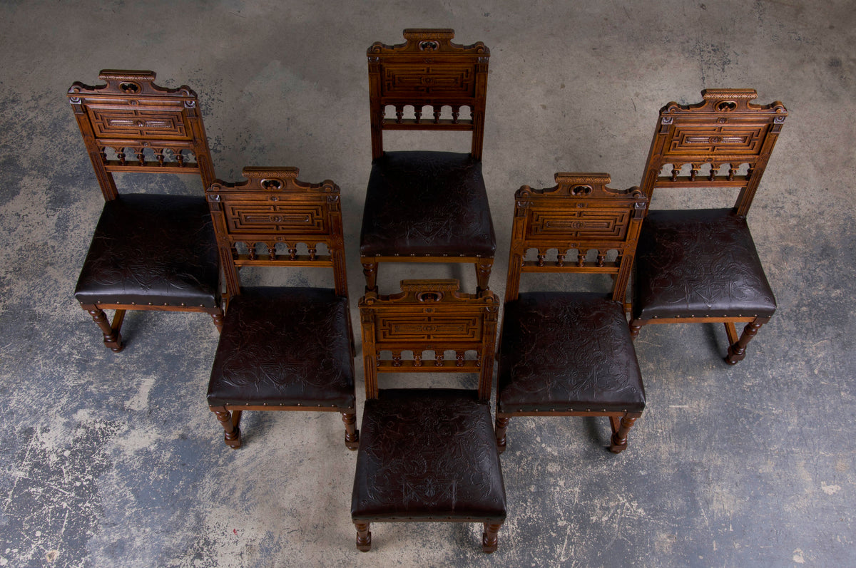 Antique French Henry II Style Renaissance Walnut Dining Chairs W/ Leather Seats - Set of 6