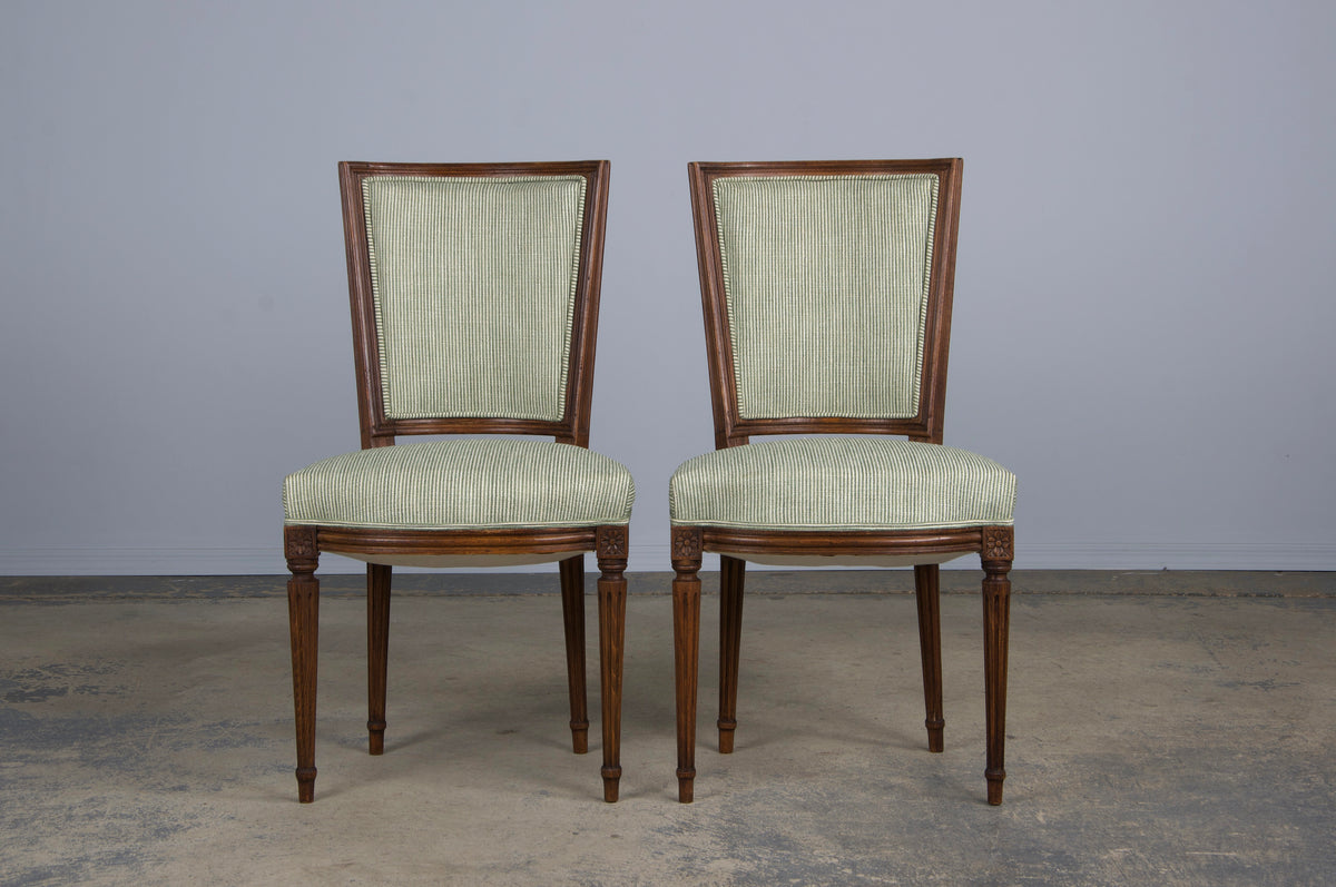 ON HOLD French Louis XVI Style Maple Dining Chairs W/ Striped Green Chenille - Set of 8