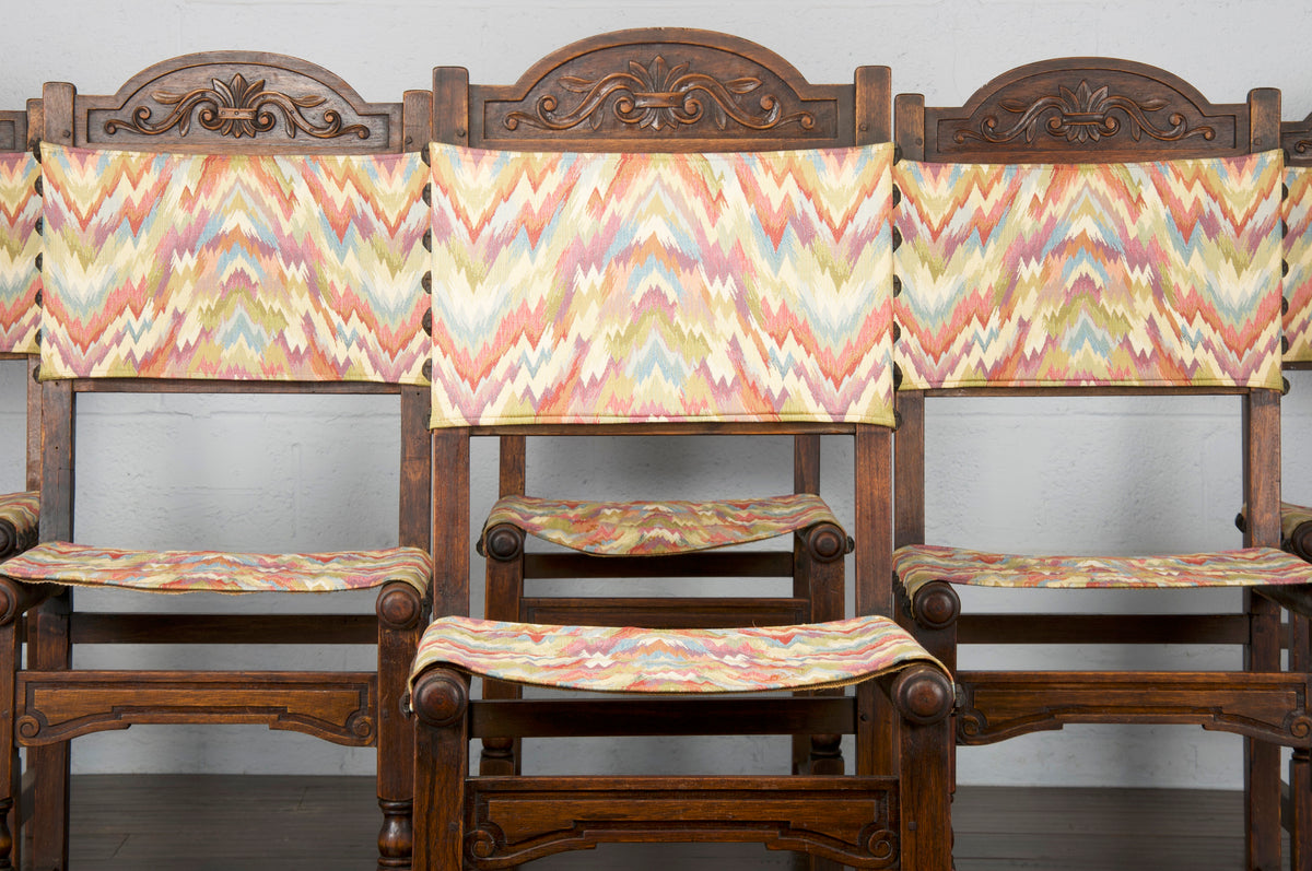 Antique Spanish Colonial Style Oak Dining Chairs W/ Multicolor Fabric - Set of 6