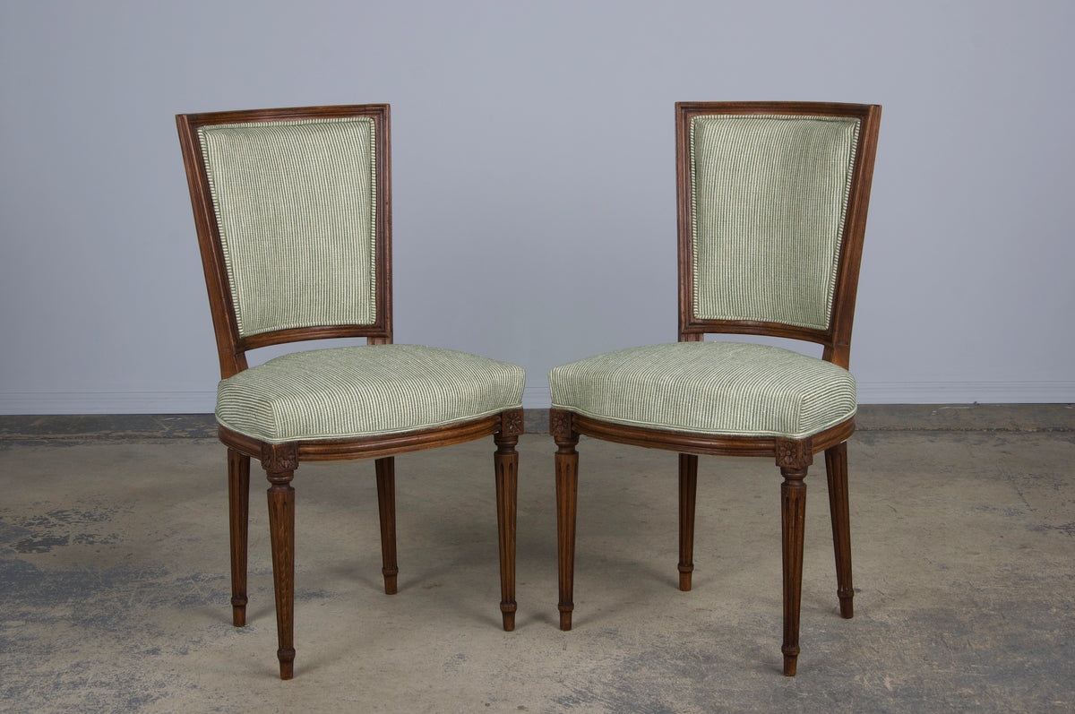 ON HOLD French Louis XVI Style Maple Dining Chairs W/ Striped Green Chenille - Set of 8