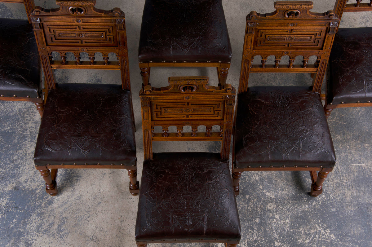 Antique French Henry II Style Renaissance Walnut Dining Chairs W/ Leather Seats - Set of 6