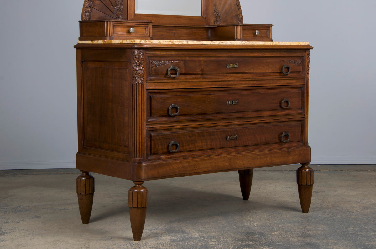 1930s French Art Deco Walnut Dresser W/ Marble Top and Mirror