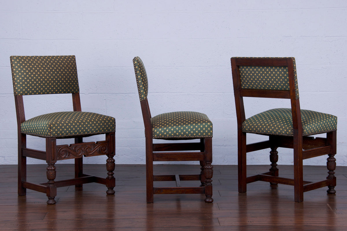 Antique English Renaissance Jacobean Style Oak Dining Chairs W/ Green Fabric - Set of 8