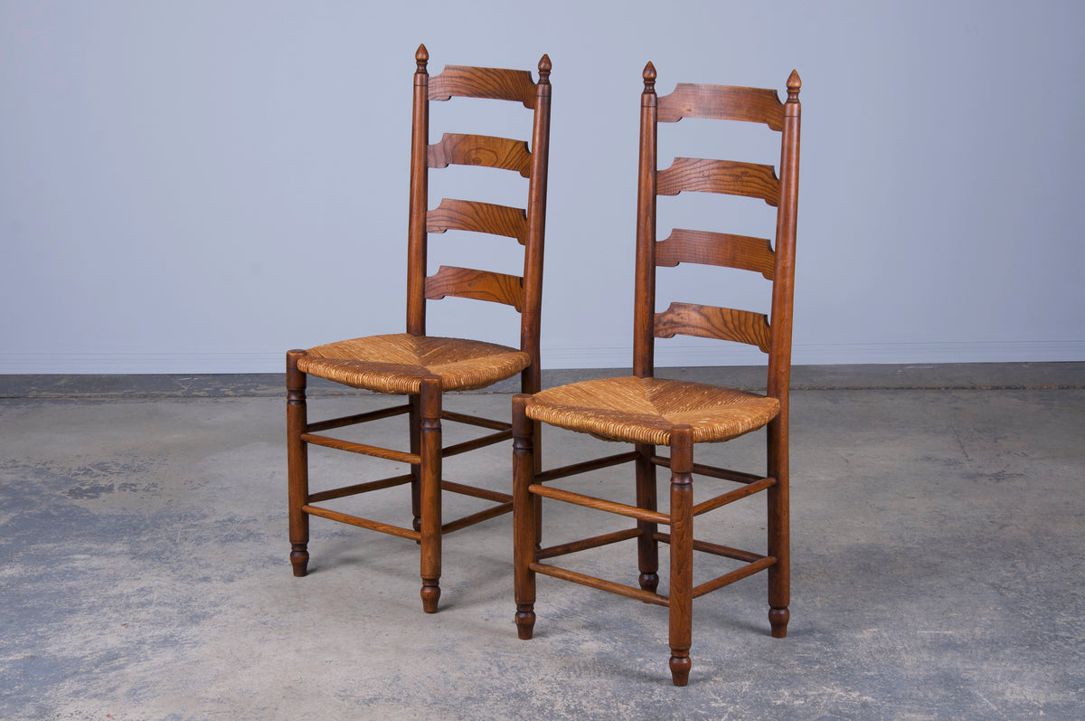 Country French Provincial Ladder Back Oak Dining Chairs W/ Rush Seats - Set of 6
