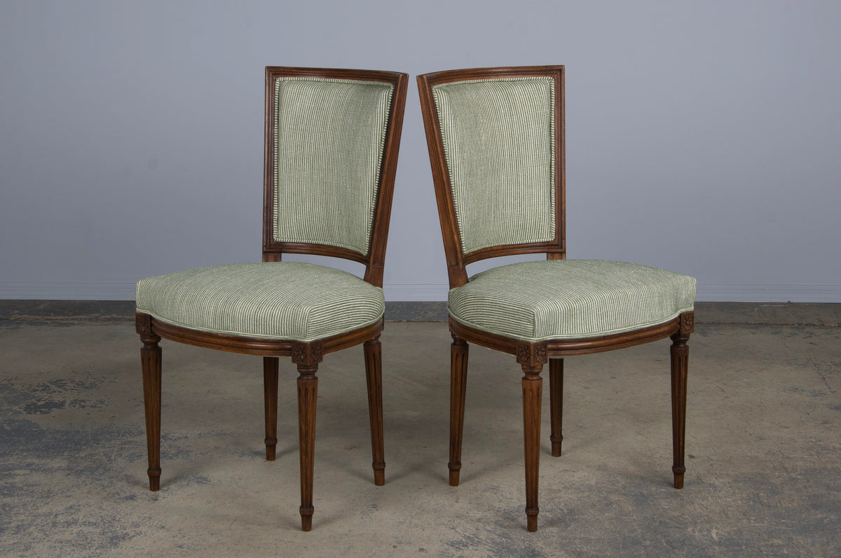 ON HOLD French Louis XVI Style Maple Dining Chairs W/ Striped Green Chenille - Set of 8