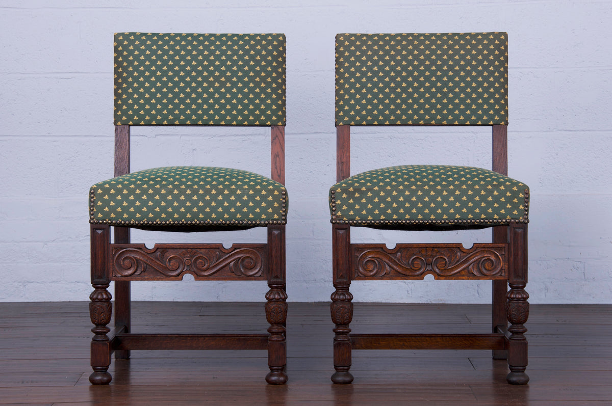 Antique English Renaissance Jacobean Style Oak Dining Chairs W/ Green Fabric - Set of 8
