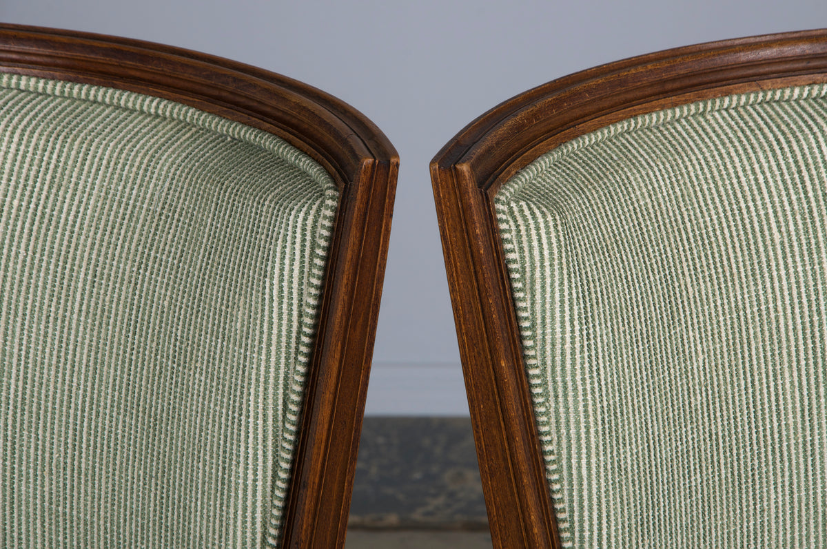 ON HOLD French Louis XVI Style Maple Dining Chairs W/ Striped Green Chenille - Set of 8