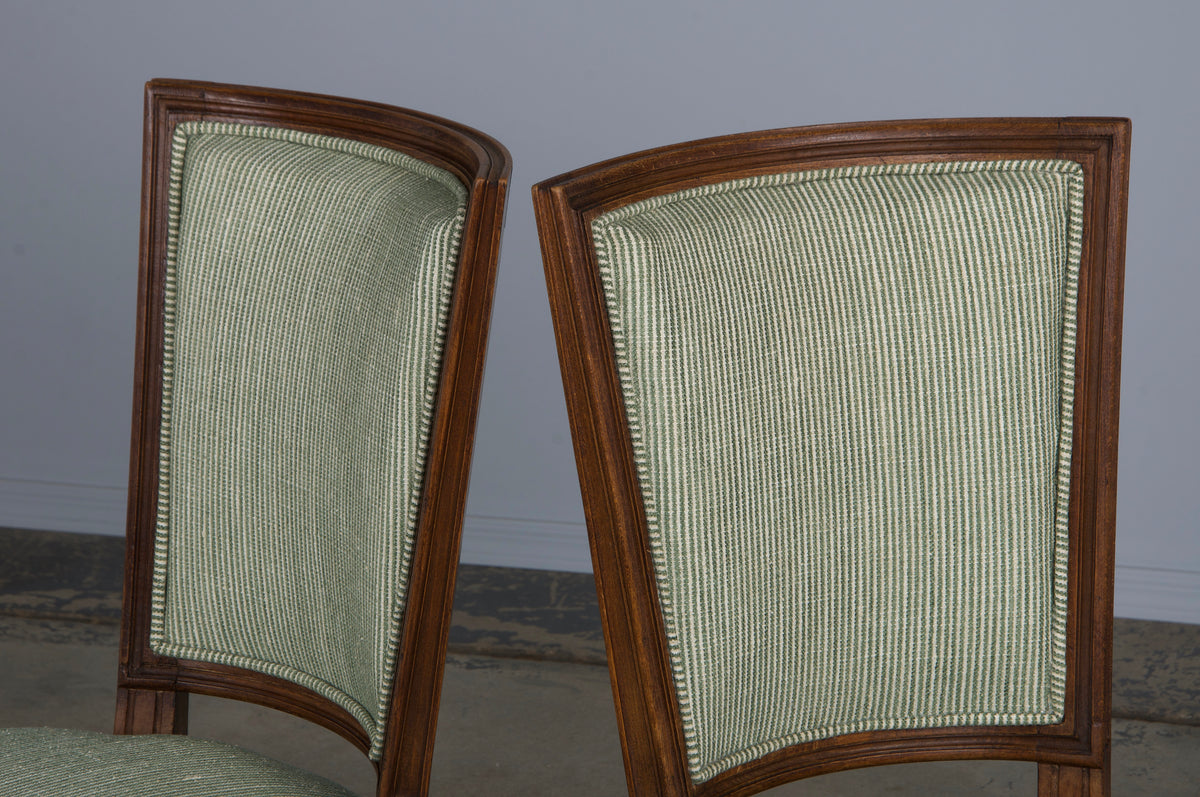 ON HOLD French Louis XVI Style Maple Dining Chairs W/ Striped Green Chenille - Set of 8