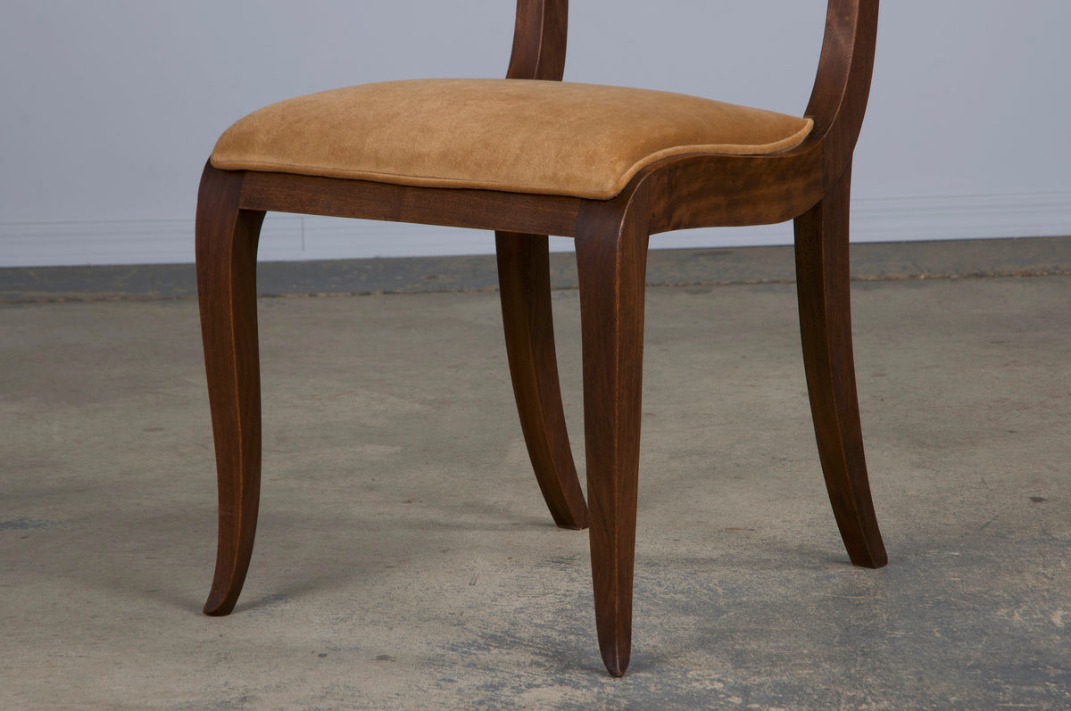 1930s French Art Deco Walnut Dining Chairs W/ Beige Velvet - Set of 6