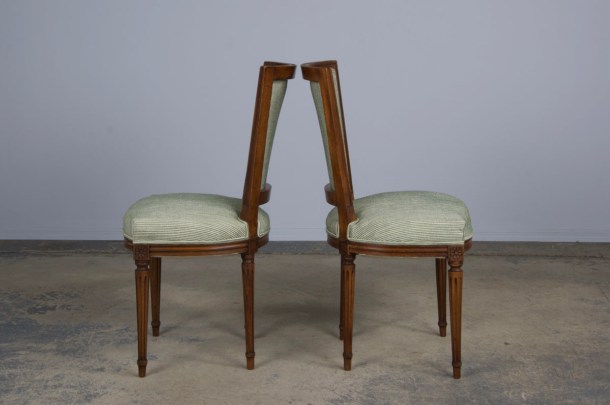 ON HOLD French Louis XVI Style Maple Dining Chairs W/ Striped Green Chenille - Set of 8