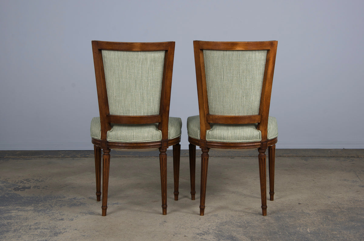 ON HOLD French Louis XVI Style Maple Dining Chairs W/ Striped Green Chenille - Set of 8