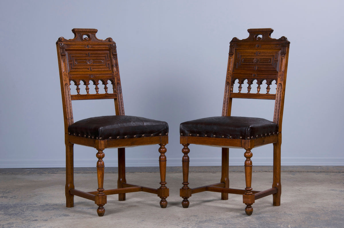 Antique French Henry II Style Renaissance Walnut Dining Chairs W/ Leather Seats - Set of 6