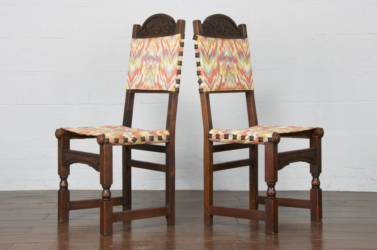 Antique Spanish Colonial Style Oak Dining Chairs W/ Multicolor Fabric - Set of 6