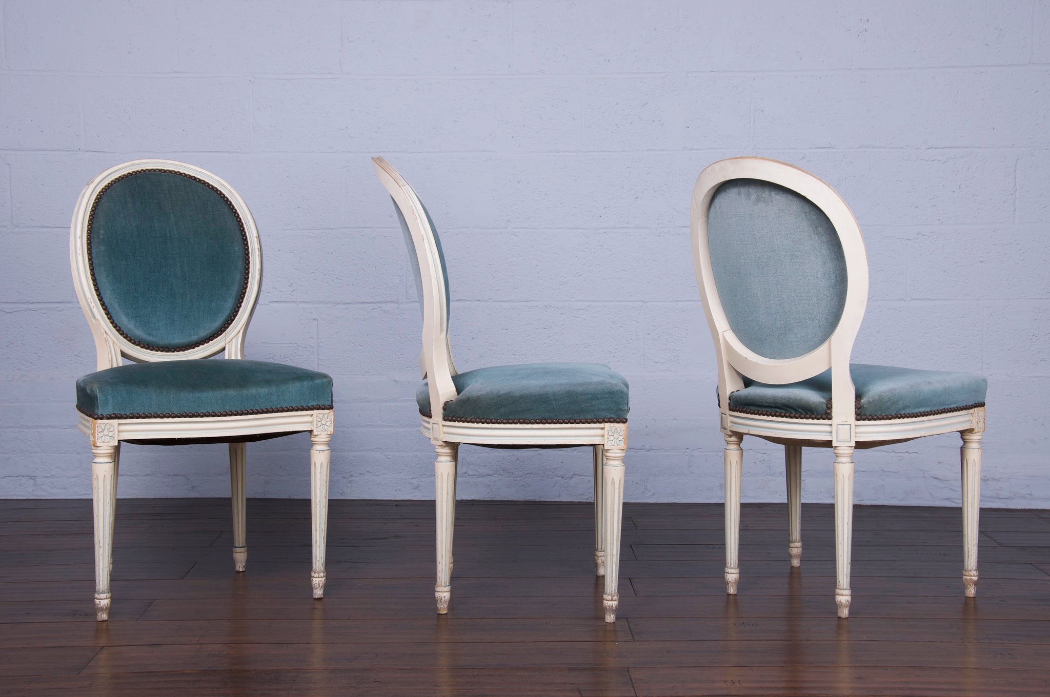 Louis XVI Whitewashed Dining Chairs Reupholstered in Black Velvet, A Set of  Six