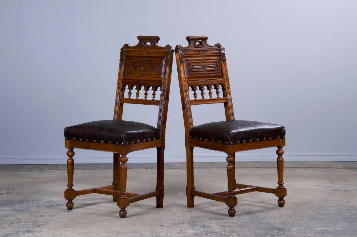 Antique French Henry II Style Renaissance Walnut Dining Chairs W/ Leather Seats - Set of 6