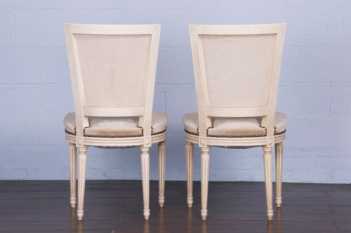 Antique French Louis XVI Style Painted Dining Chairs W/ Beige Velvet - Set of 6