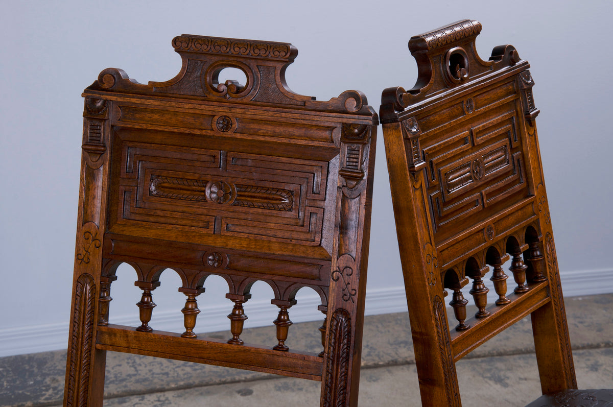 Antique French Henry II Style Renaissance Walnut Dining Chairs W/ Leather Seats - Set of 6