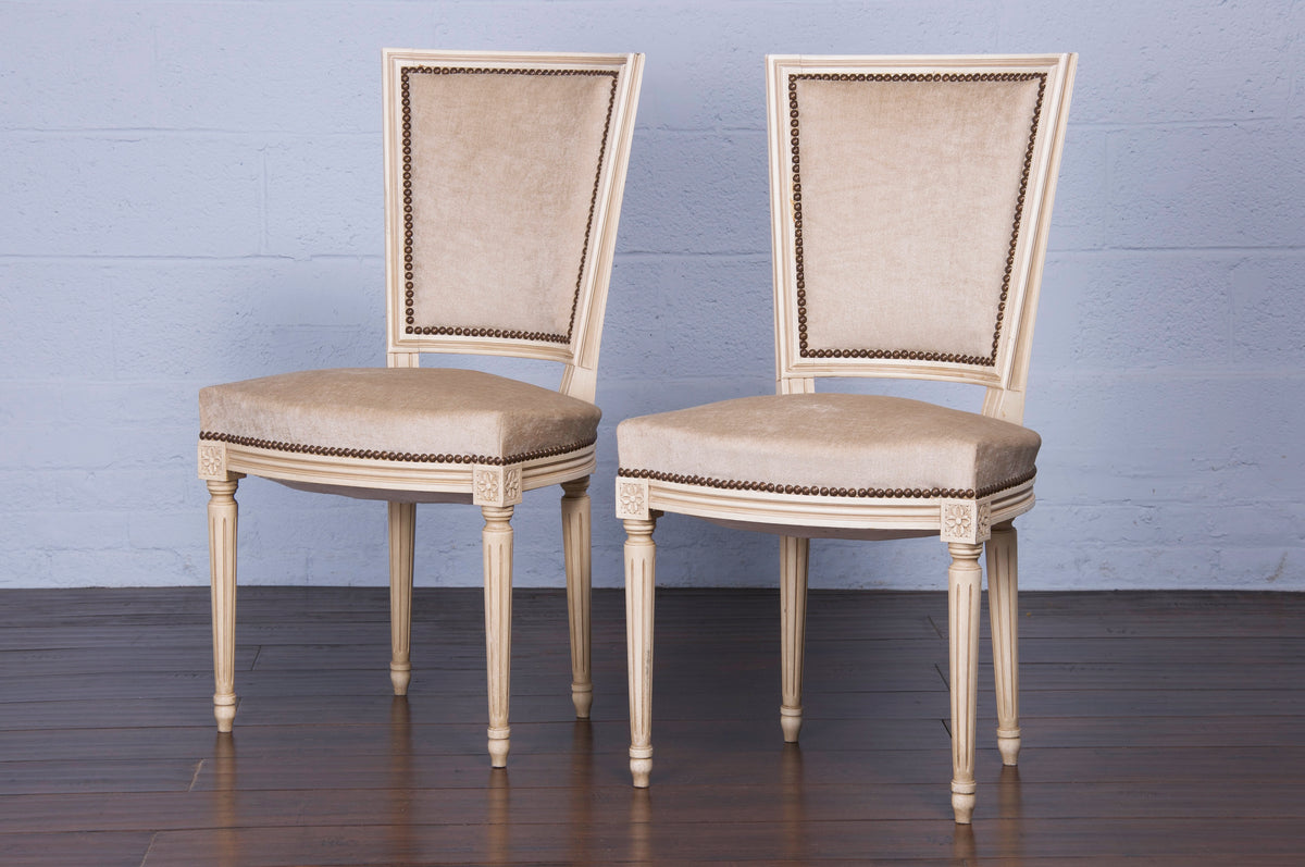 Antique French Louis XVI Style Painted Dining Chairs W/ Beige Velvet - Set of 6