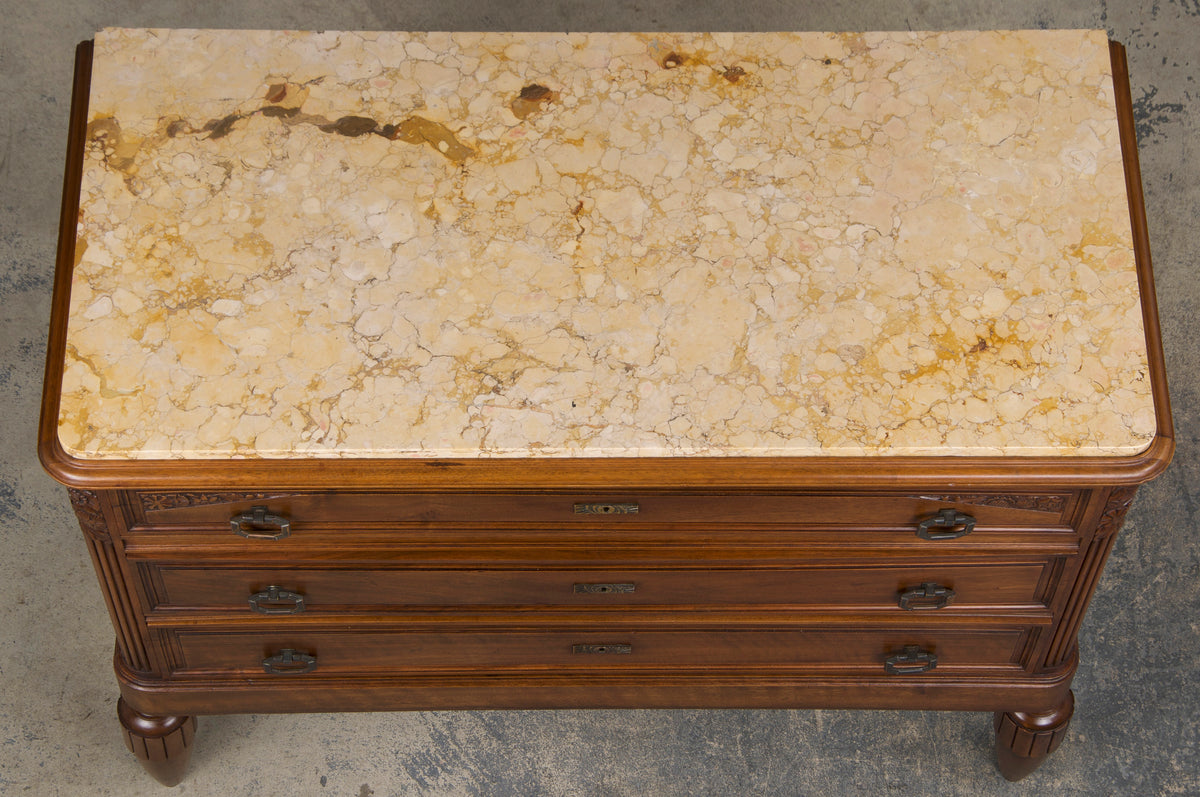 1930s French Art Deco Walnut Dresser W/ Marble Top and Mirror