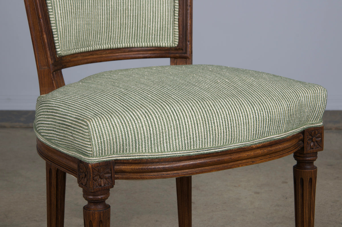 ON HOLD French Louis XVI Style Maple Dining Chairs W/ Striped Green Chenille - Set of 8