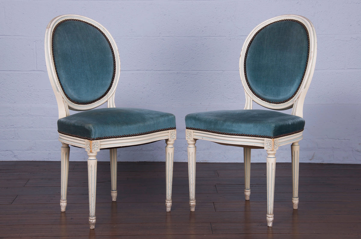 Antique French Louis XVI Style Provincial Painted Dining Chairs W/ Blue Velvet Mohair Fabric - Set of 5