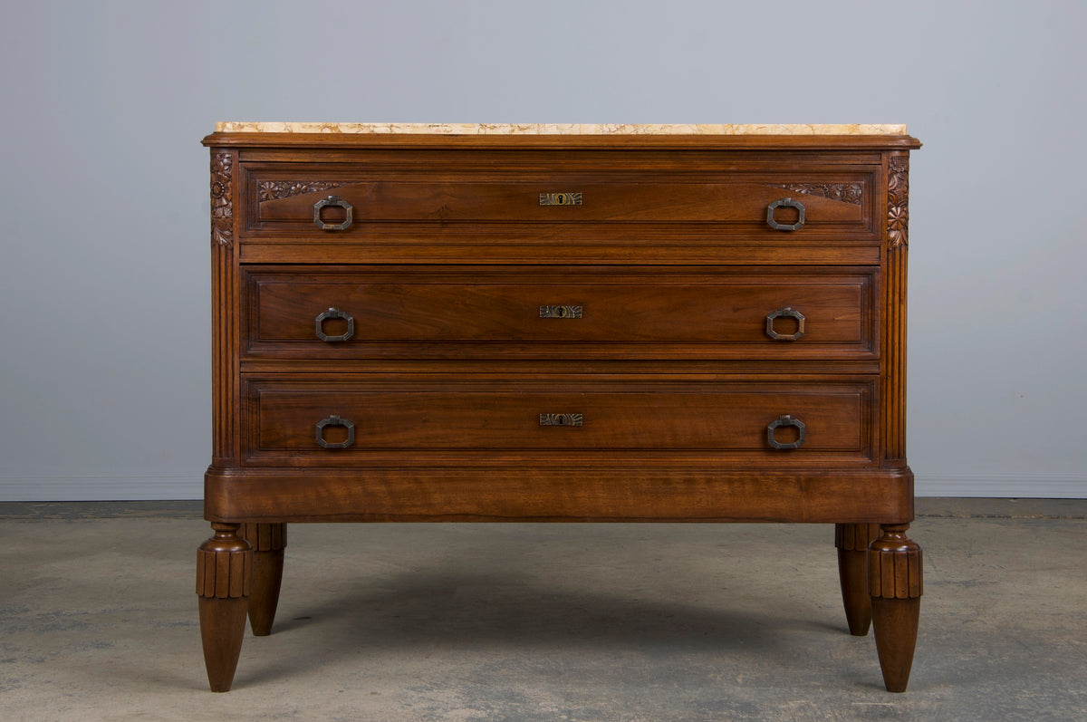 1930s French Art Deco Walnut Dresser W/ Marble Top and Mirror