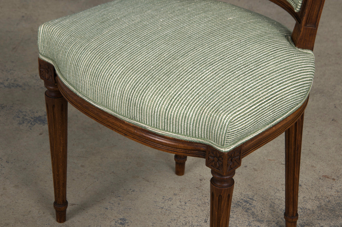 ON HOLD French Louis XVI Style Maple Dining Chairs W/ Striped Green Chenille - Set of 8