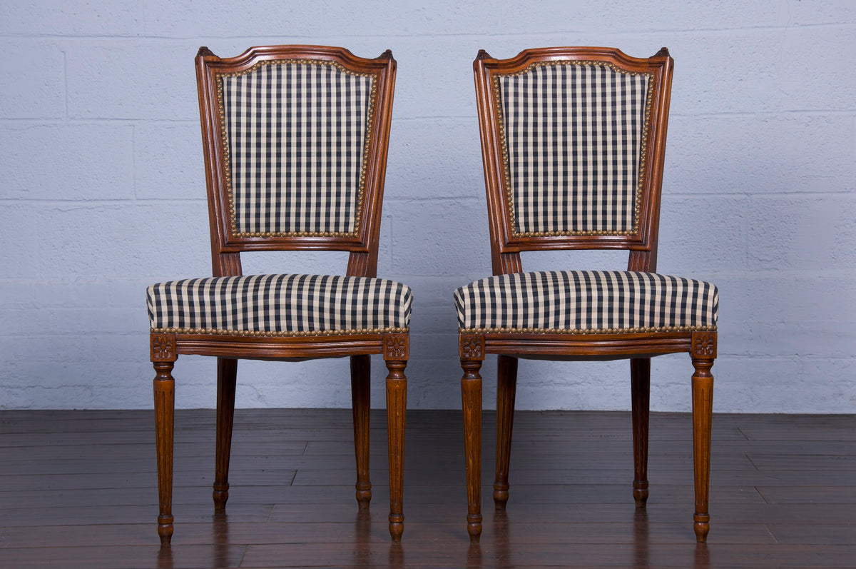 Antique French Louis XVI Style Maple Dining Chairs W/ Plaid Fabric - Set of 6