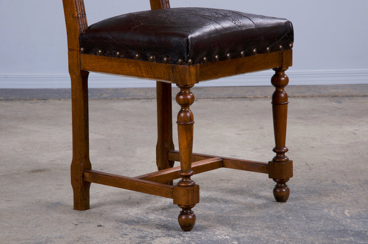 Antique French Henry II Style Renaissance Walnut Dining Chairs W/ Leather Seats - Set of 6