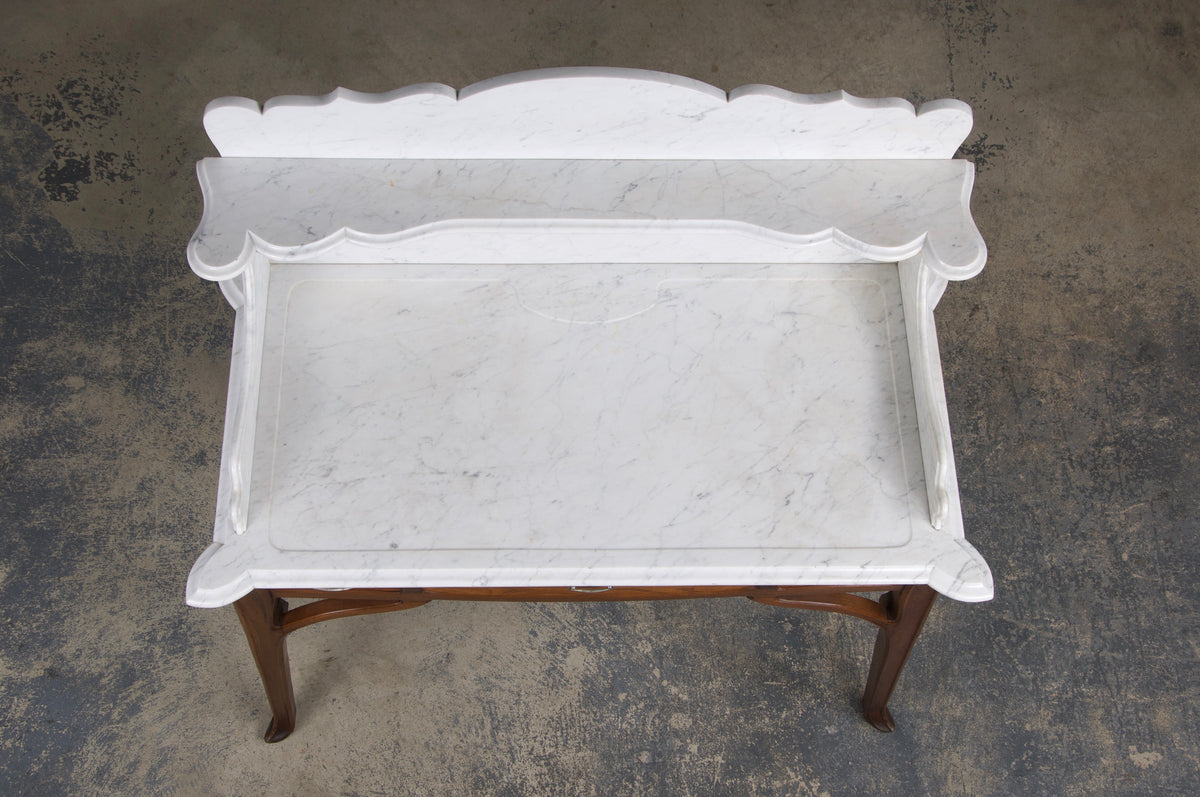 Antique French Art Nouveau Oak Wash Table Vanity W/ Carrara Marble Top