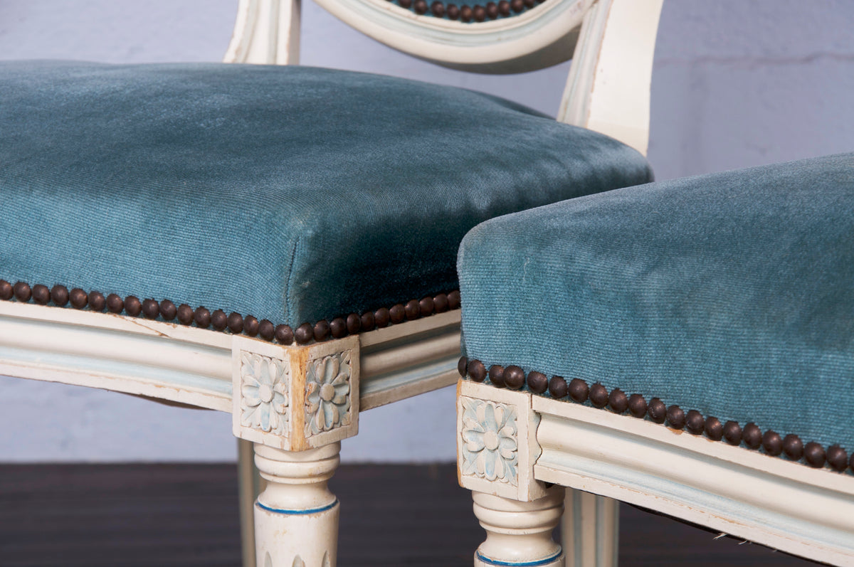 Antique French Louis XVI Style Provincial Painted Dining Chairs W/ Blue Velvet Mohair Fabric - Set of 5