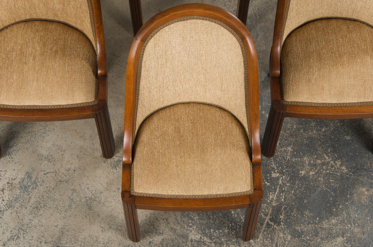 1930s French Art Deco Gondola Walnut Dining Chairs W/ Bronze Chenille - Set of 6