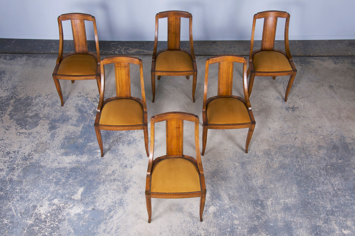 1930s French Art Deco Gondola Maple Dining Chairs W/ Golden Yellow Velvet - Set of 6