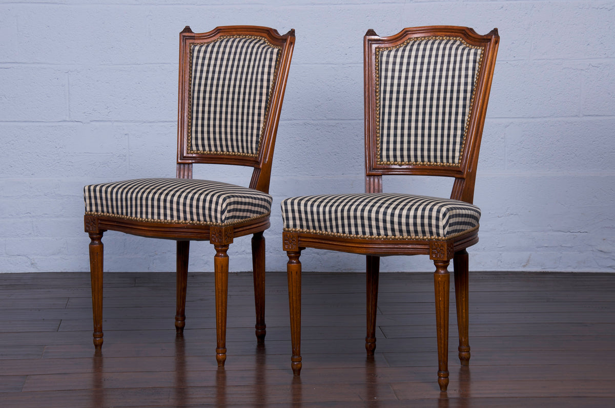 Antique French Louis XVI Style Maple Dining Chairs W/ Plaid Fabric - Set of 6